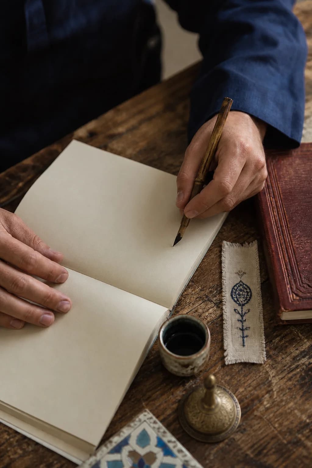 A learner holding a reed pen over a blank notebook beside traditional study materials